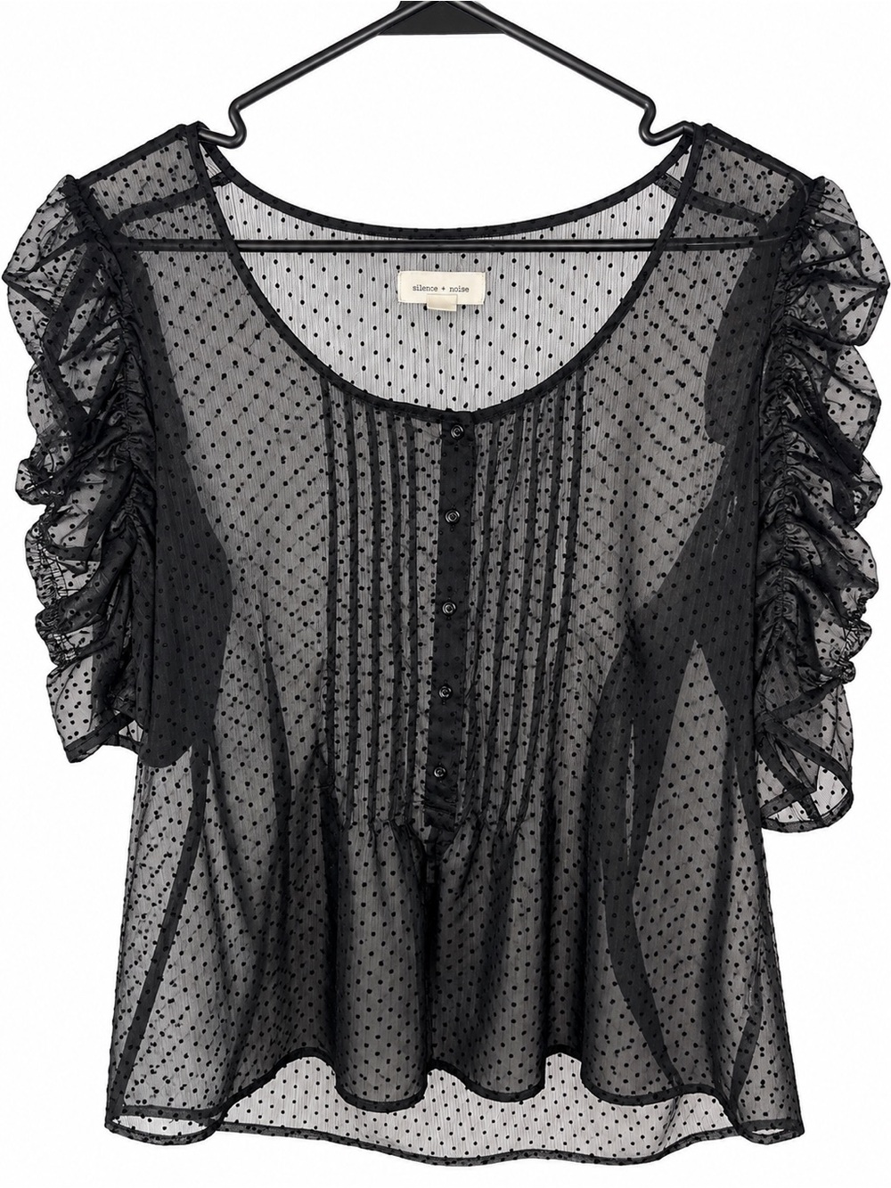 Silence + Noise Black Sheer Swiss Dot Ruffle Sleeve Top